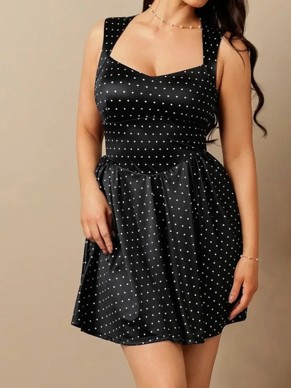 Popilush Polka Dot Square-Neck Mini Dress in Black
